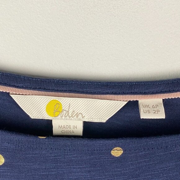 Boden Romaine Tiered Jersey Dress Navy and Gold Polka Dot US Size 2P - Picture 4 of 11